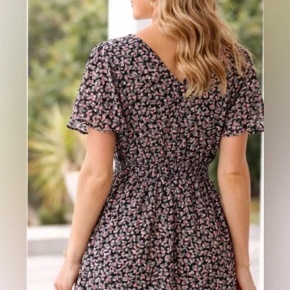 Floral V-Neck Midi Dress in Black and Pink - Picture 6 of 9